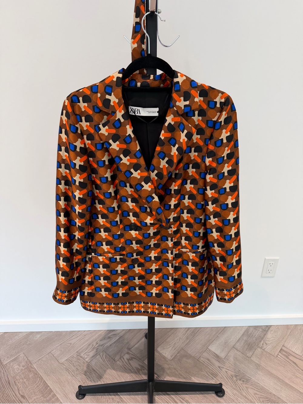 ZARA Brown Geometric Print Blazer with Blue and Black Accents